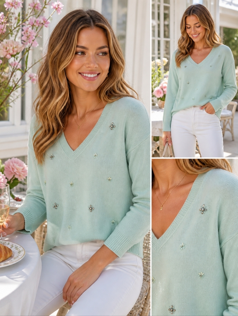 New York & Company Mint Green V-Neck Sparkle Embellished Sweater Large